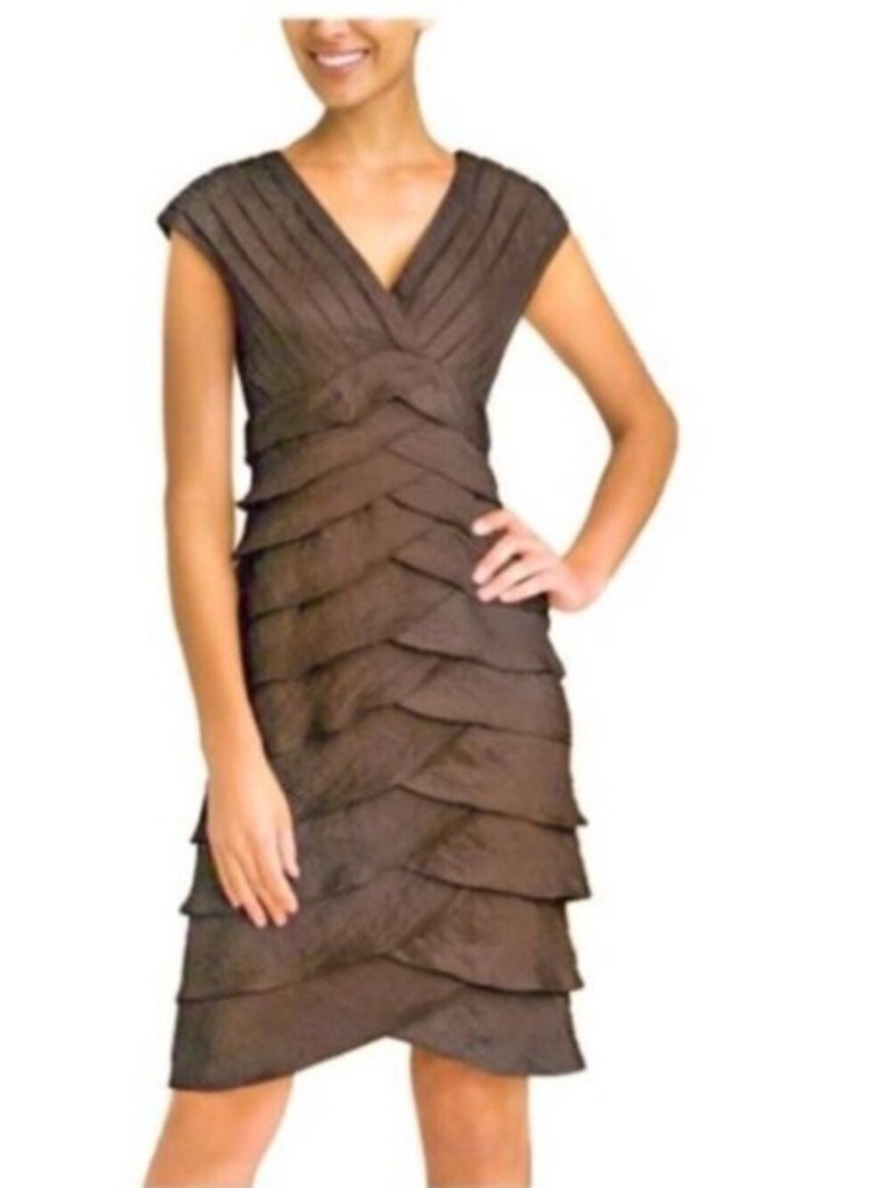 Adrianna Papell Brown Bronze Metallic Tiered Ruffle V-Neck Cocktail Dress